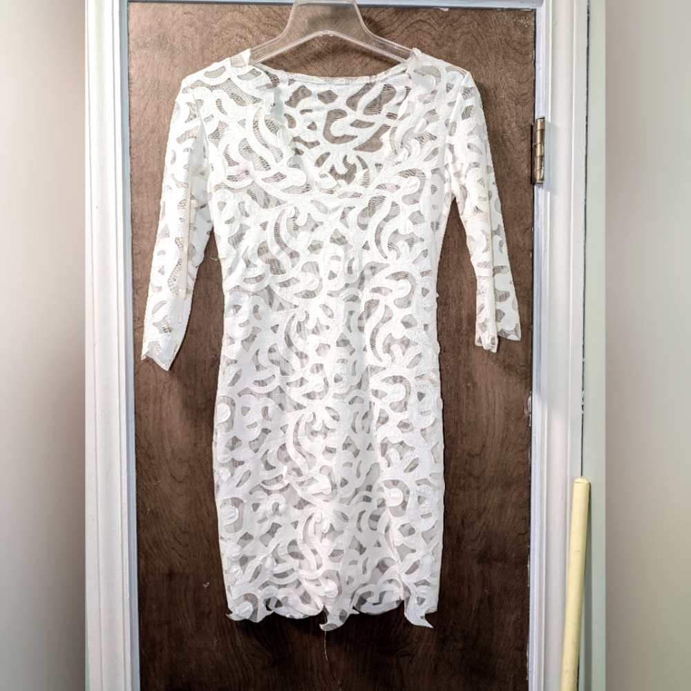 Elegant White Leather And Sheer Long Sleeve Dress